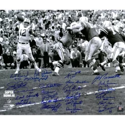 Autographed Items|Photos^New York Jets 1969 Autographed 16" X 20" Super Bowl III Joe Namath Throwing Photograph With 24 Signatures