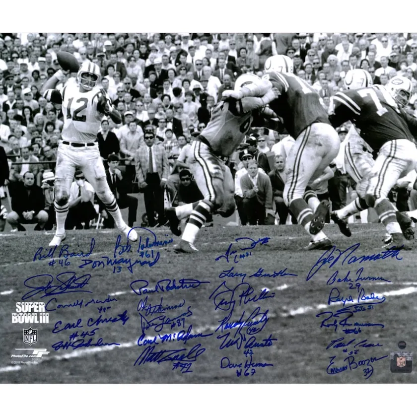 Autographed Items|Photos^New York Jets 1969 Autographed 16" X 20" Super Bowl III Joe Namath Throwing Photograph With 24 Signatures