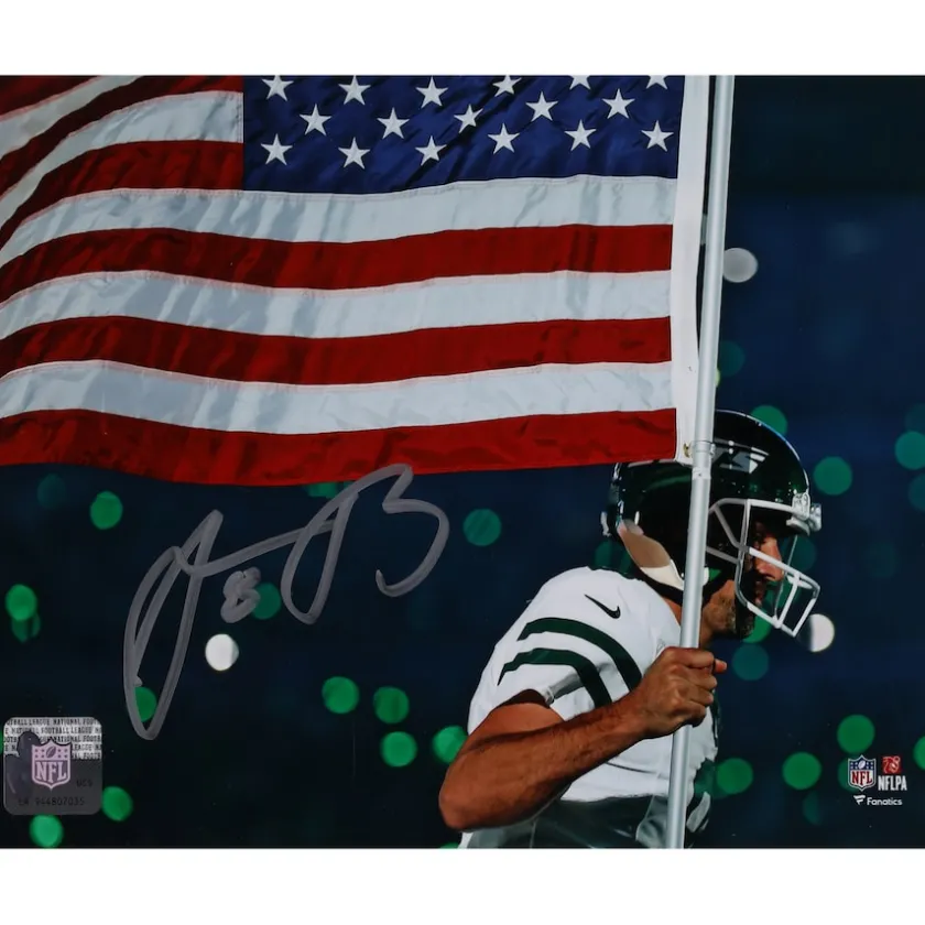 Photos|Prints & Artwork^New York Jets Aaron Rodgers Autographed 8" X 10" Running With American Flag Photograph