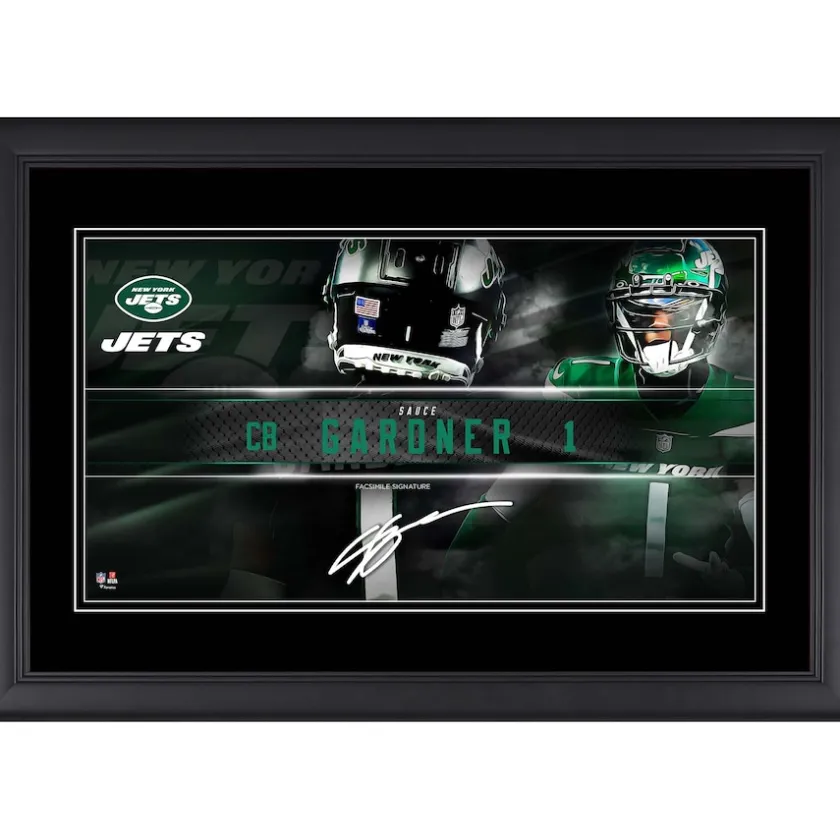 Wall Art|Photos^New York Jets Ahmad Sauce Gardner Facsimile Signature Framed 10" X 18" Player Nameplate Collage