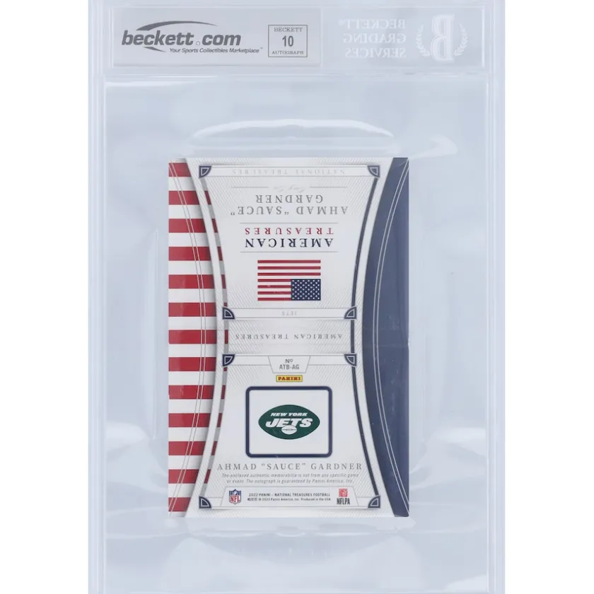 Trading Cards^New York Jets Ahmad Sauce Gardner Autographed 2022 Panini National Treasures American Treasures Booklet Relic #ATB-AG #1/1 BGS Authenticated Auto 10 Rookie Card
