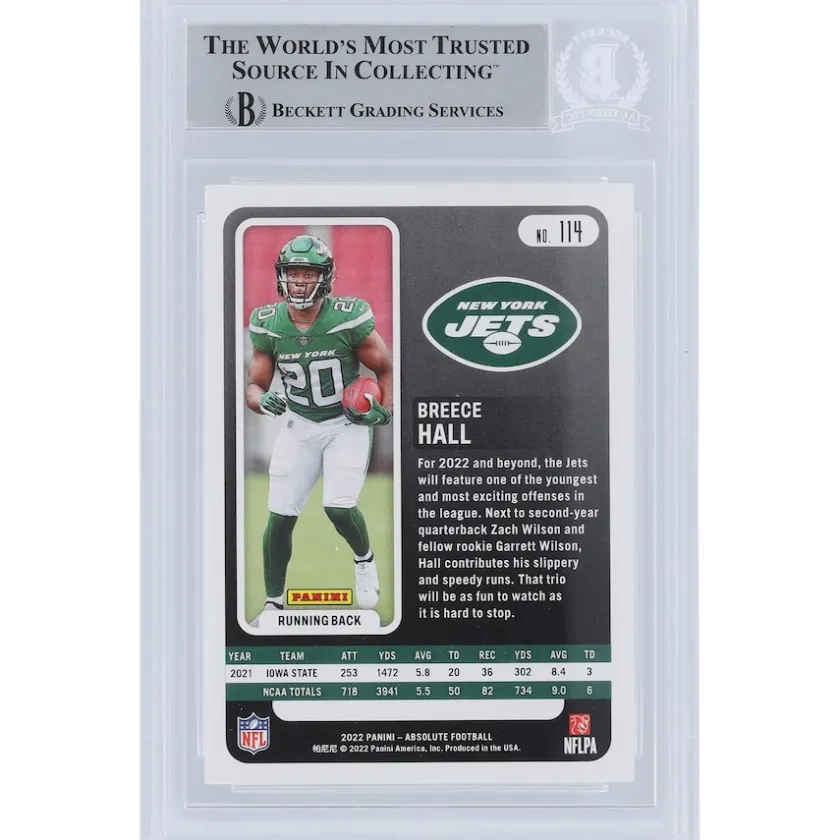 Trading Cards^New York Jets Breece Hall 2022 Panini Absolute #114 Beckett Fanatics Witnessed Authenticated Rookie Card