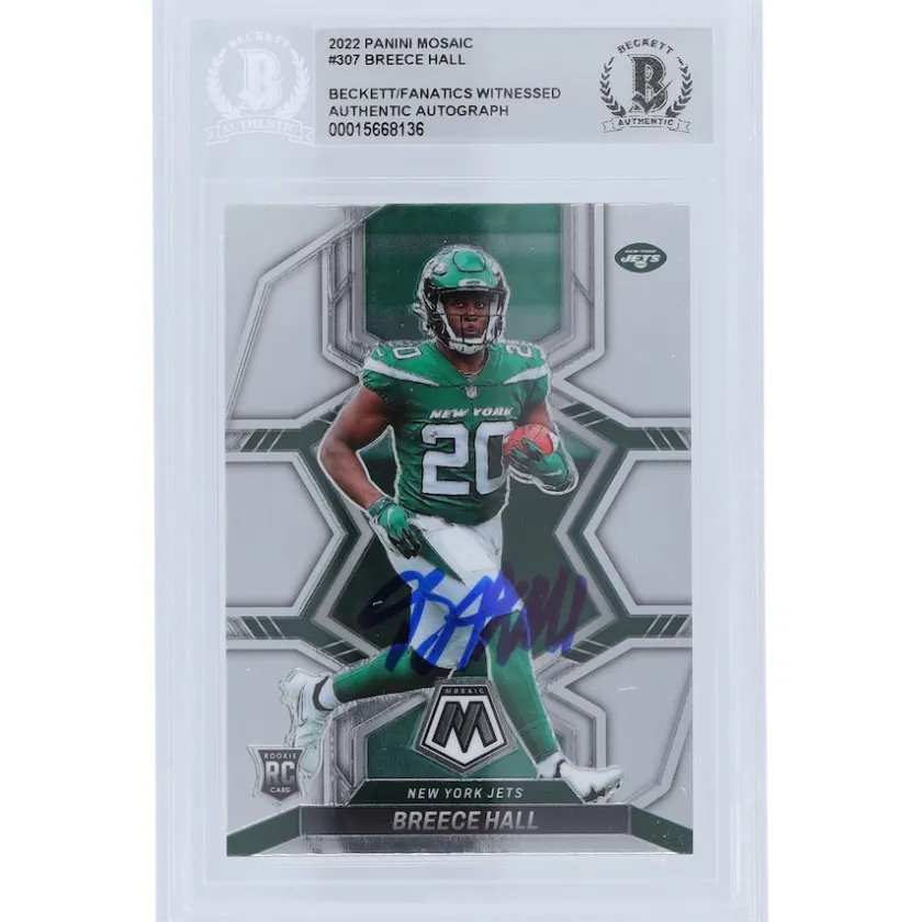 Trading Cards^New York Jets Breece Hall 2022 Panini Mosaic #307 Beckett Fanatics Witnessed Authenticated Rookie Card