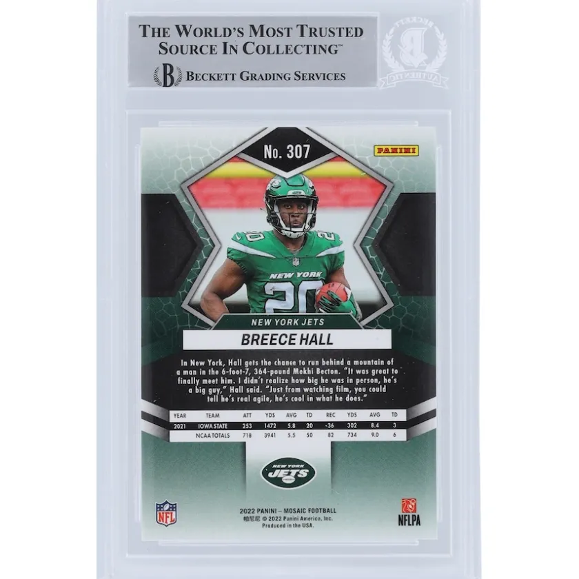 Trading Cards^New York Jets Breece Hall 2022 Panini Mosaic #307 Beckett Fanatics Witnessed Authenticated Rookie Card