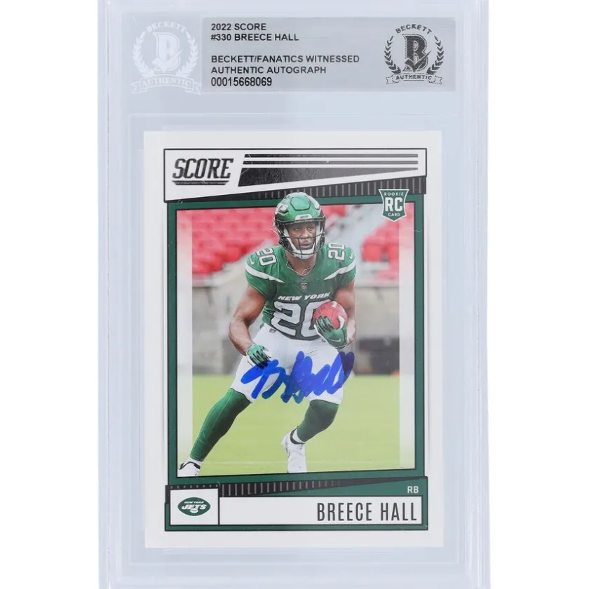 Trading Cards^New York Jets Breece Hall 2022 Panini Score #330 Beckett Fanatics Witnessed Authenticated Rookie Card