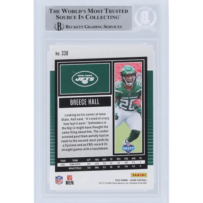 Trading Cards^New York Jets Breece Hall 2022 Panini Score #330 Beckett Fanatics Witnessed Authenticated Rookie Card