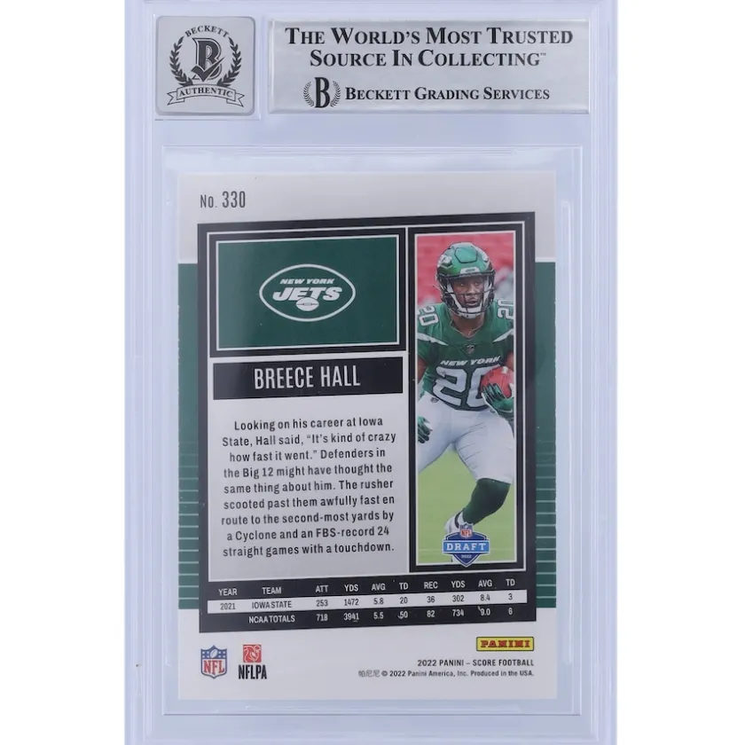 Trading Cards^New York Jets Breece Hall Autographed 2022 Panini Score #330 Beckett Fanatics Witnessed Authenticated 10 Rookie Card