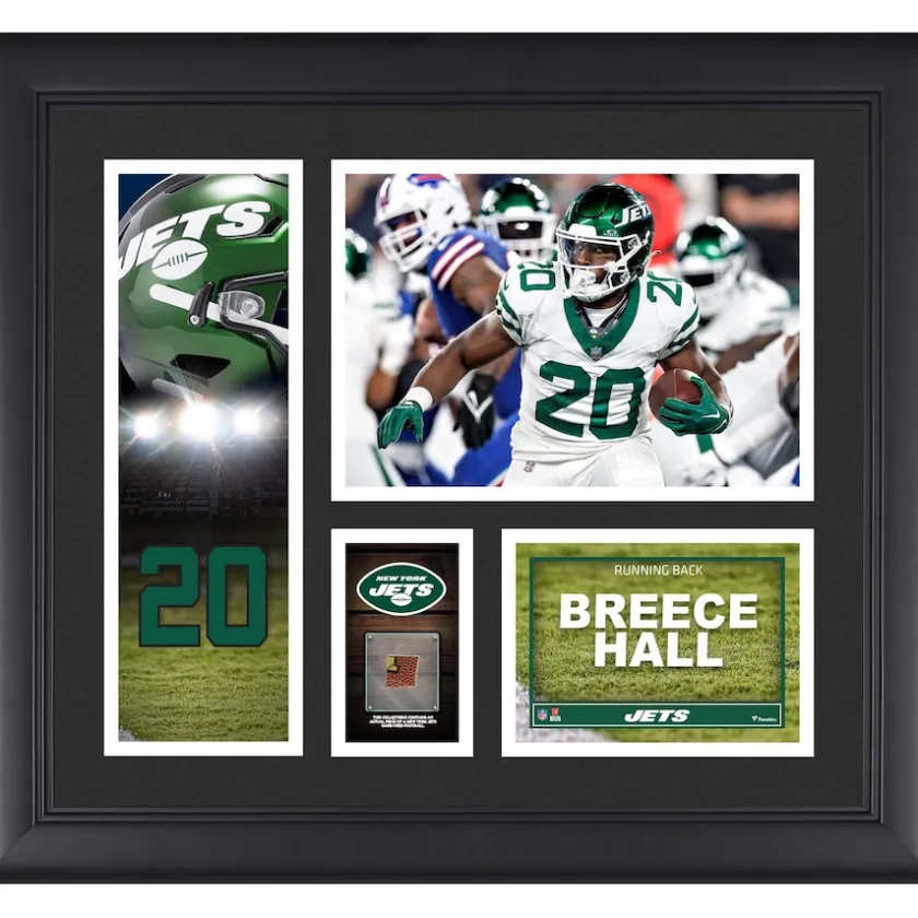 Wall Art|Photos^New York Jets Breece Hall Framed 15" X 17" Player Collage With A Piece Of Game-Used Ball