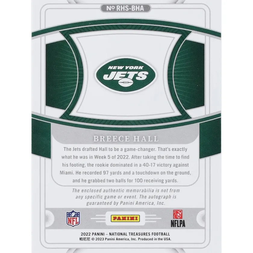 Trading Cards^New York Jets Breece Hall Autographed 2022 Panini National Treasures Cap Patch Relic #RHS-BHA #3/3 BGS Authenticated Rookie Card
