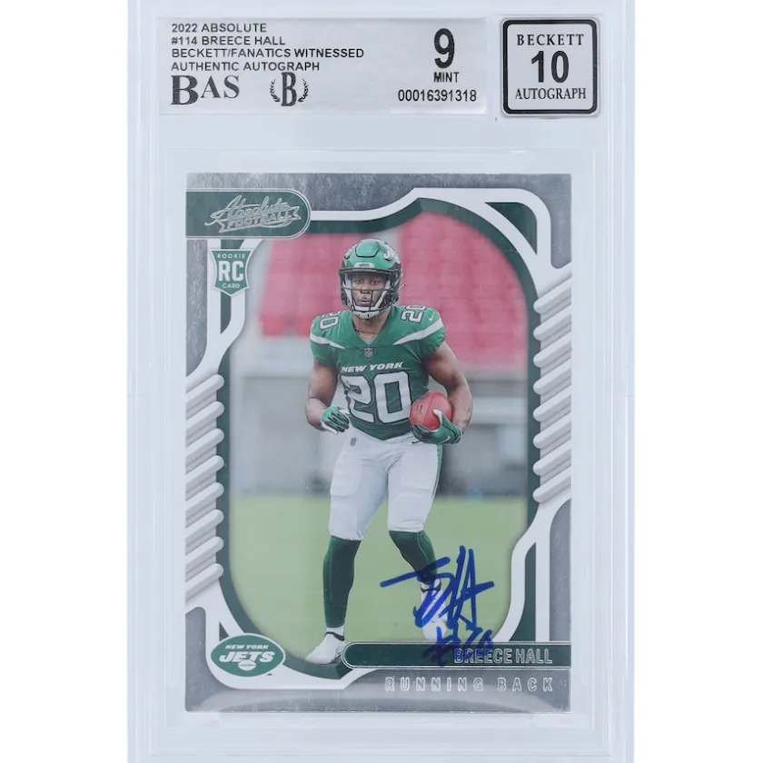 Trading Cards^New York Jets Breece Hall Autographed 2022 Panini Absolute #114 Beckett Fanatics Witnessed Authenticated 9/10 Rookie Card