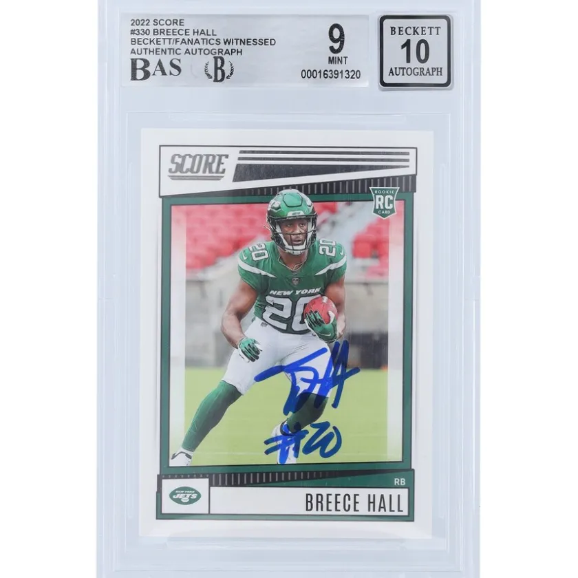 Trading Cards^New York Jets Breece Hall Autographed 2022 Panini Score #330 Beckett Fanatics Witnessed Authenticated 9/10 Rookie Card