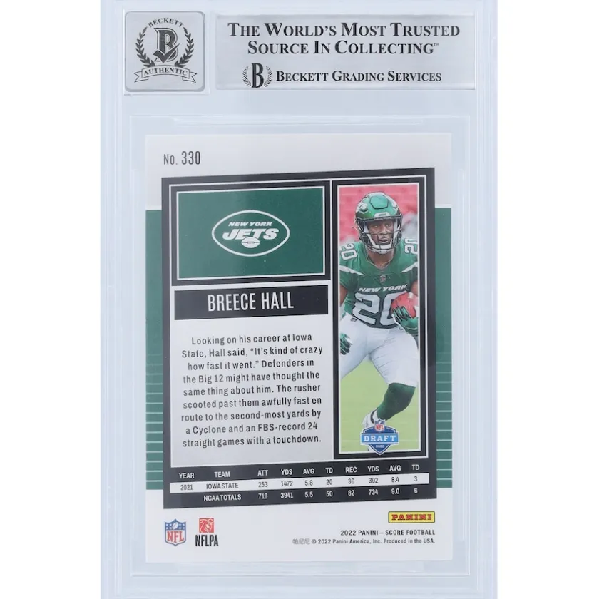 Trading Cards^New York Jets Breece Hall Autographed 2022 Panini Score #330 Beckett Fanatics Witnessed Authenticated 9/10 Rookie Card