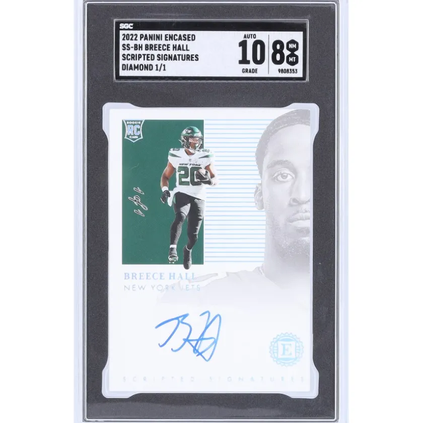 Trading Cards^New York Jets Breece Hall Autographed 2022 Panini Encased Scripted Signatures Diamond #SS-BH #1/1 SGC Authenticated 8/10 Rookie Card