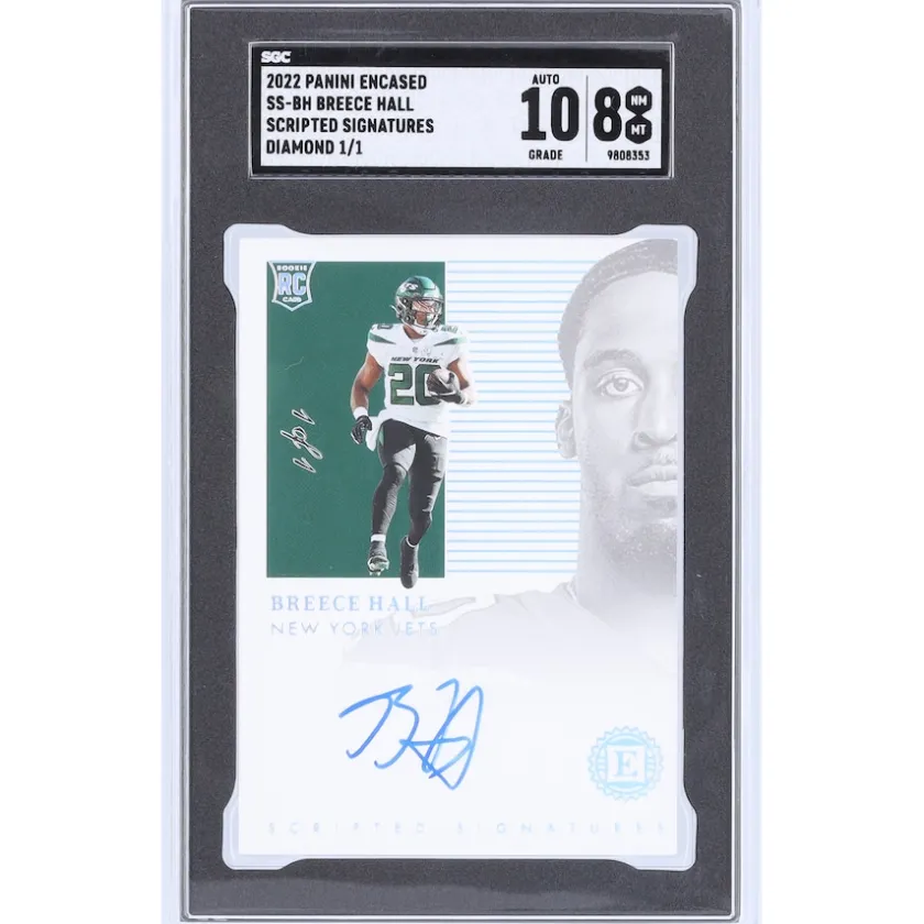 Trading Cards^New York Jets Breece Hall Autographed 2022 Panini Encased Scripted Signatures Diamond #SS-BH #1/1 SGC Authenticated 8/10 Rookie Card