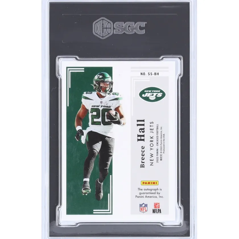 Trading Cards^New York Jets Breece Hall Autographed 2022 Panini Encased Scripted Signatures Diamond #SS-BH #1/1 SGC Authenticated 8/10 Rookie Card