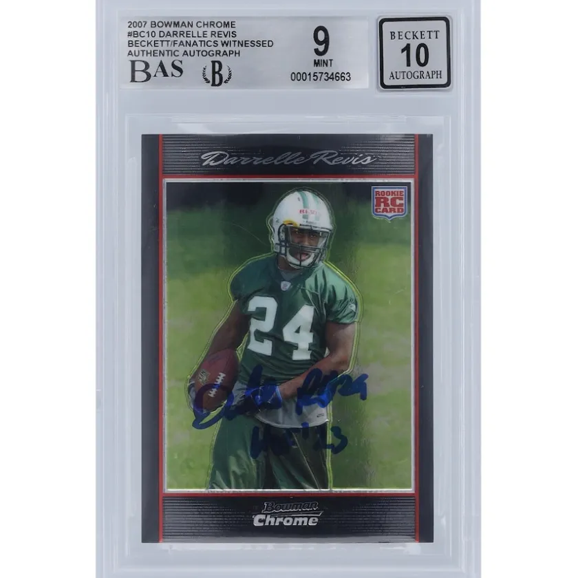 Trading Cards^New York Jets Darrelle Revis Autographed 2007 Bowman Chrome #BC10 Beckett Fanatics Witnessed Authenticated 9/10 Rookie Card With "HOF '23" Inscription