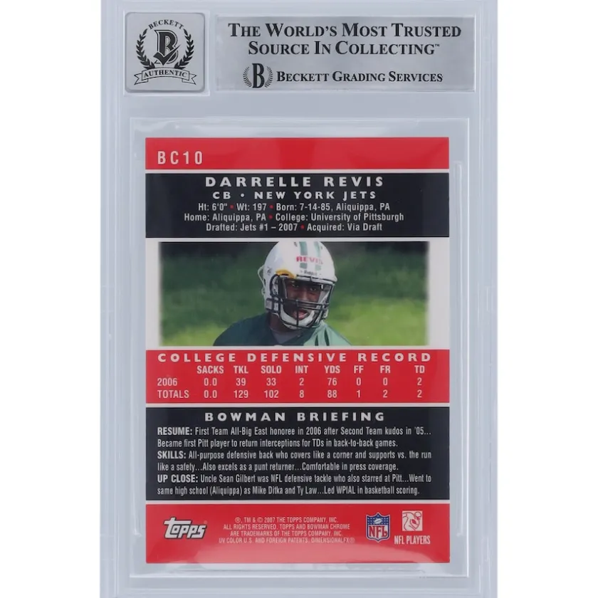 Trading Cards^New York Jets Darrelle Revis Autographed 2007 Bowman Chrome #BC10 Beckett Fanatics Witnessed Authenticated 9/10 Rookie Card With "HOF '23" Inscription