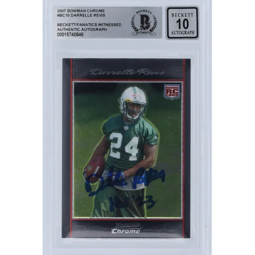 Trading Cards^New York Jets Darrelle Revis Autographed 2007 Bowman Chrome #BC10 Beckett Fanatics Witnessed Authenticated 10 Rookie Card With "HOF 23" Inscription