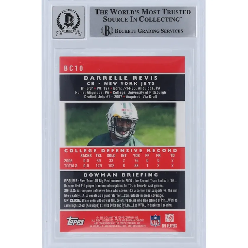 Trading Cards^New York Jets Darrelle Revis Autographed 2007 Bowman Chrome #BC10 Beckett Fanatics Witnessed Authenticated 10 Rookie Card With "HOF 23" Inscription