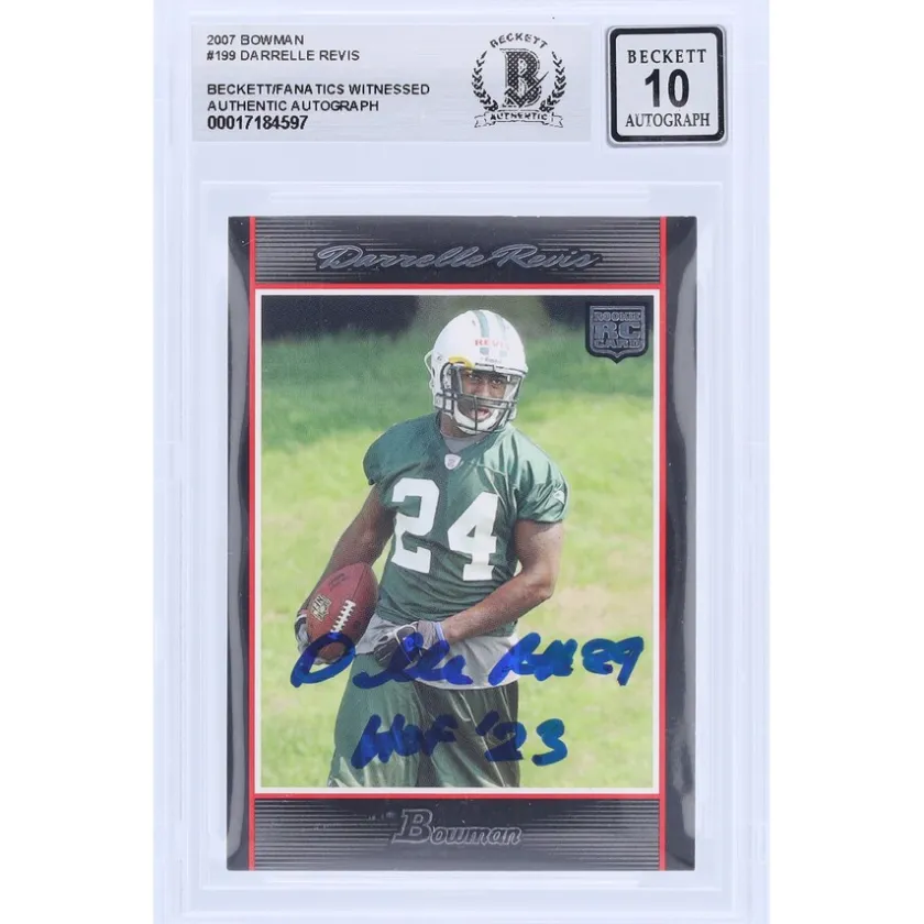 Trading Cards^New York Jets Darrelle Revis Autographed 2007 Bowman #199 Beckett Fanatics Witnessed Authenticated 10 Rookie Card With "HOF '23" Inscription
