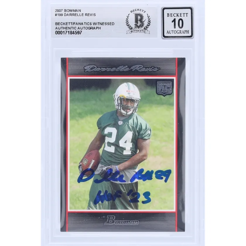 Trading Cards^New York Jets Darrelle Revis Autographed 2007 Bowman #199 Beckett Fanatics Witnessed Authenticated 10 Rookie Card With "HOF '23" Inscription