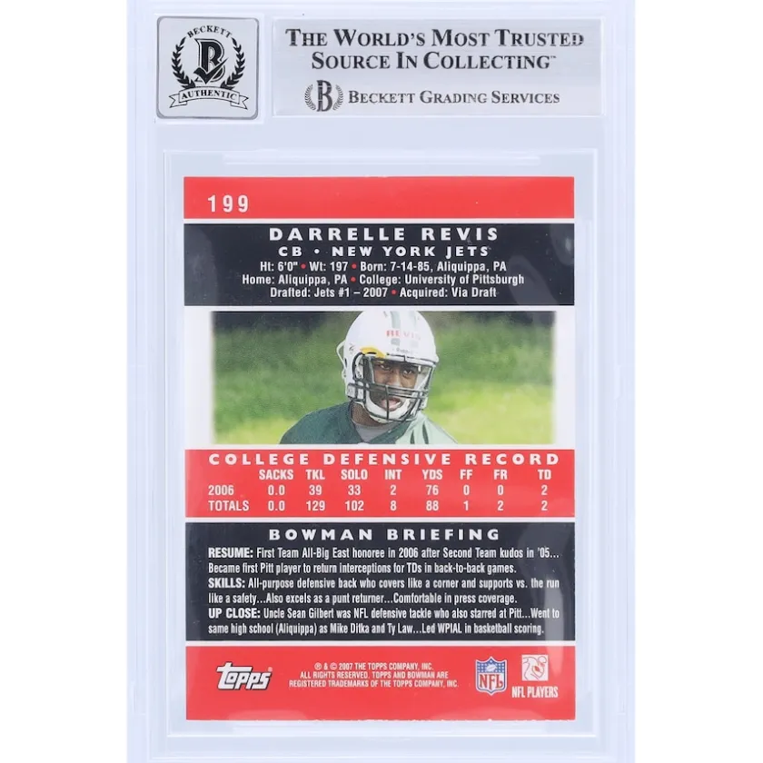Trading Cards^New York Jets Darrelle Revis Autographed 2007 Bowman #199 Beckett Fanatics Witnessed Authenticated 10 Rookie Card With "HOF '23" Inscription