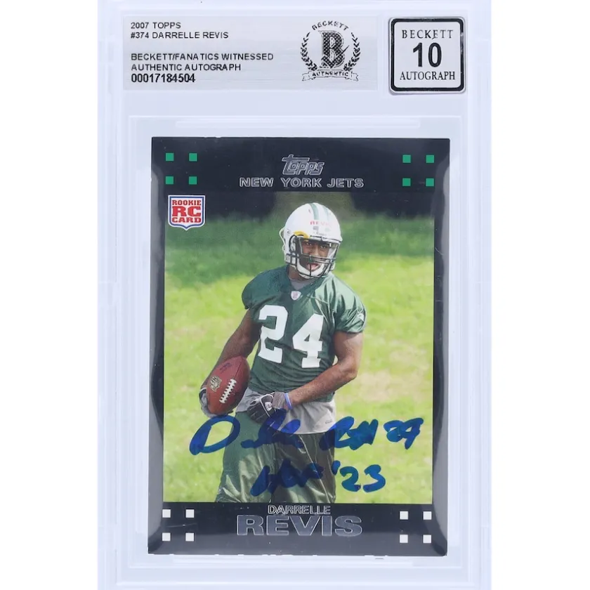 Trading Cards^New York Jets Darrelle Revis Autographed 2007 Topps #374 Beckett Fanatics Witnessed Authenticated 10 Rookie Card With "HOF '23" Inscription