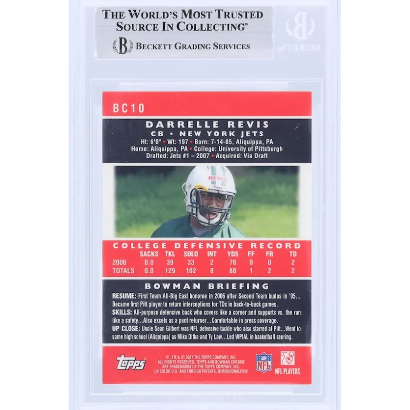 Trading Cards^New York Jets Darrelle Revis Autographed 2007 Topps Chrome #BC10 Beckett Fanatics Witnessed Authenticated Rookie Card
