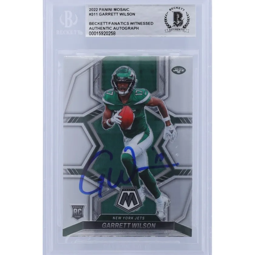 Trading Cards^New York Jets Garrett Wilson Autographed 2022 Panini Mosaic #311 Beckett Fanatics Witnessed Authenticated Rookie Card
