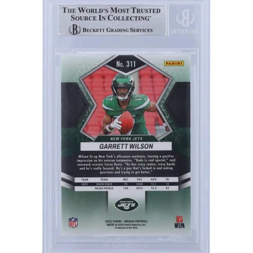 Trading Cards^New York Jets Garrett Wilson Autographed 2022 Panini Mosaic #311 Beckett Fanatics Witnessed Authenticated Rookie Card