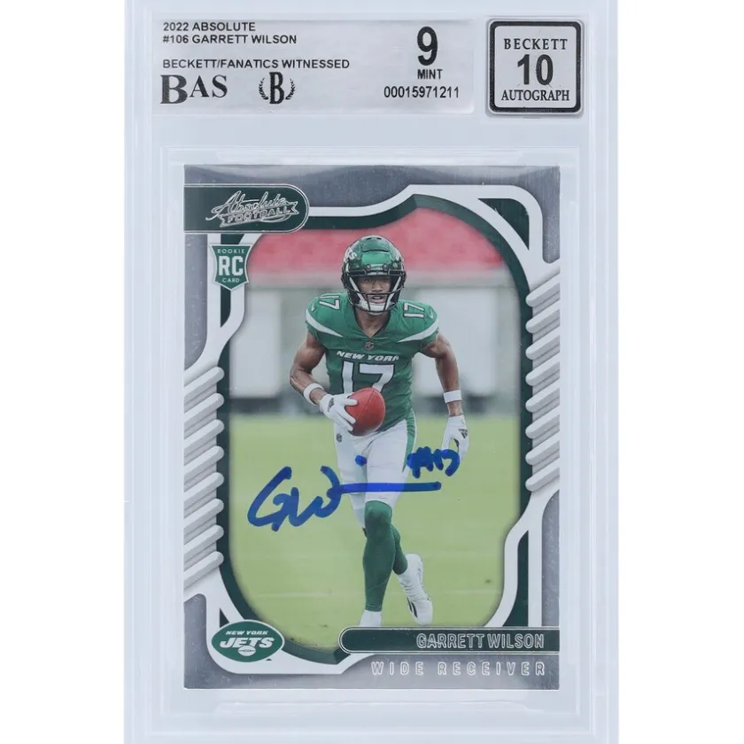 Trading Cards^New York Jets Garrett Wilson Autographed 2022 Panini Absolute #106 Beckett Fanatics Witnessed Authenticated 9/10 Rookie Card