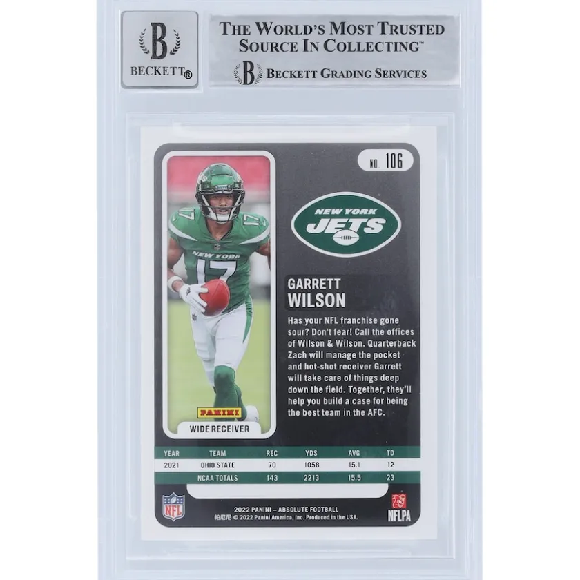 Trading Cards^New York Jets Garrett Wilson Autographed 2022 Panini Absolute #106 Beckett Fanatics Witnessed Authenticated 9/10 Rookie Card