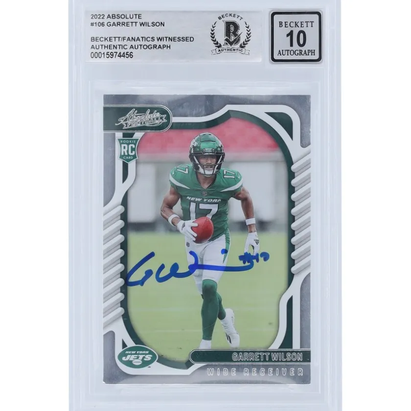 Trading Cards^New York Jets Garrett Wilson Autographed 2022 Panini Absolute #106 Beckett Fanatics Witnessed Authenticated 10 Rookie Card