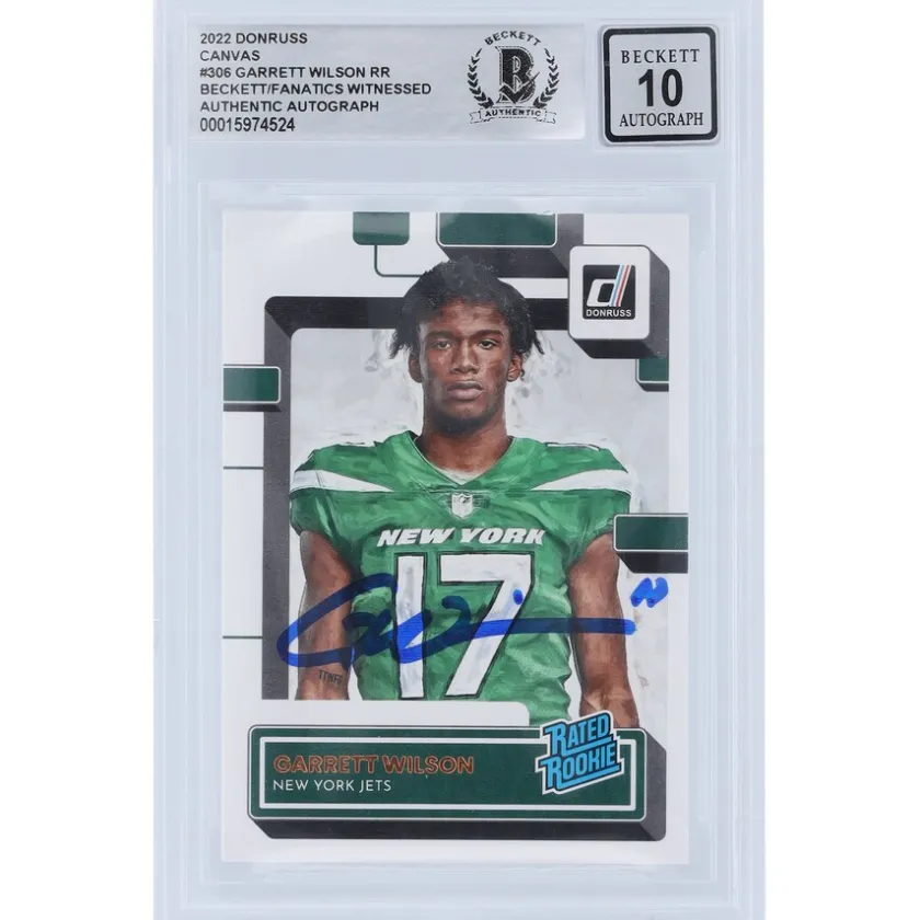 Trading Cards^New York Jets Garrett Wilson Autographed 2022 Panini Donruss Rated Rookie Canvas #306 Beckett Fanatics Witnessed Authenticated 10 Rookie Card