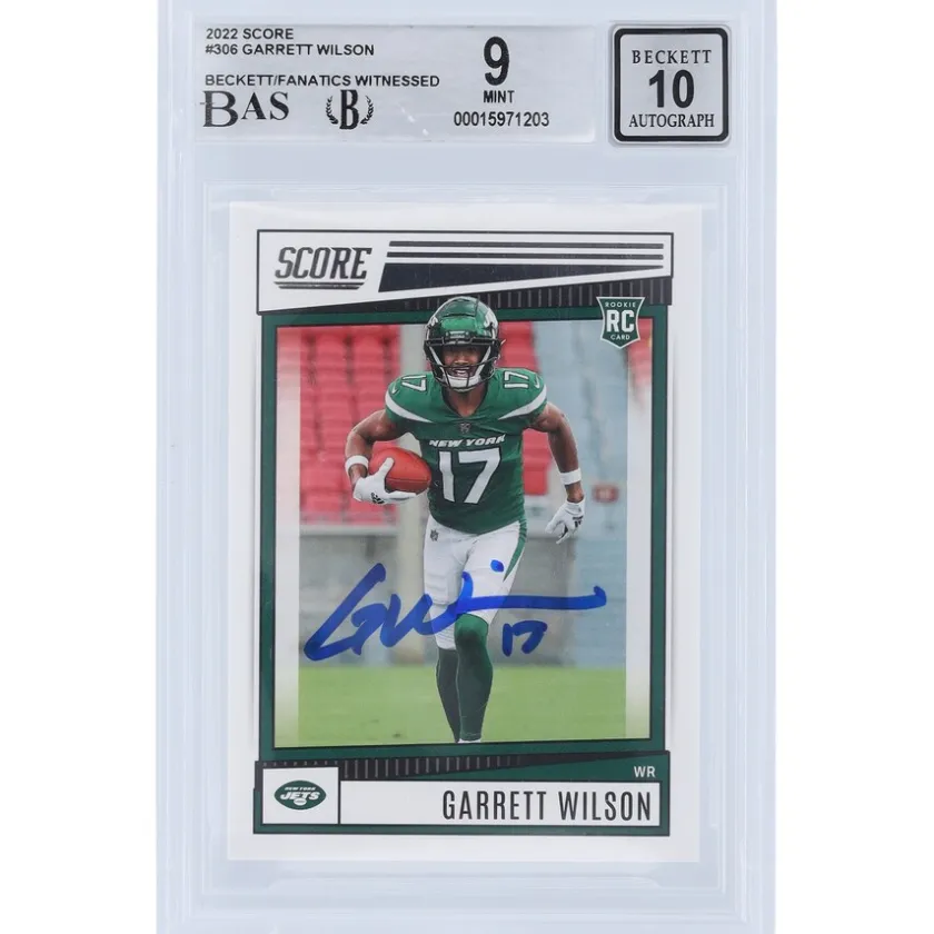 Trading Cards^New York Jets Garrett Wilson Autographed 2022 Panini Score #306 Beckett Fanatics Witnessed Authenticated 9/10 Rookie Card