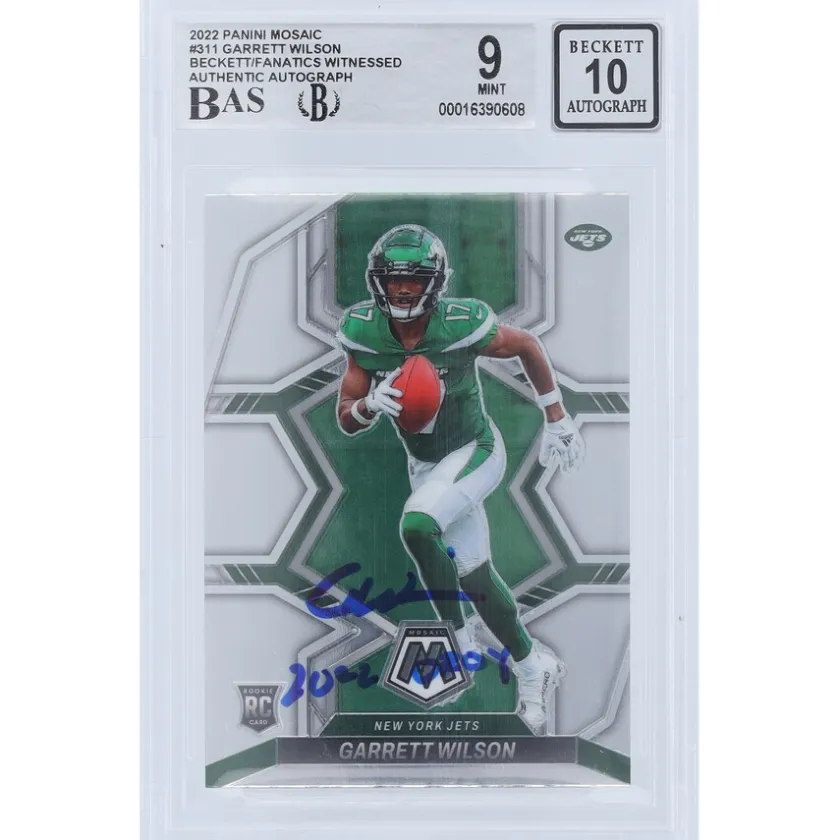 Trading Cards^New York Jets Garrett Wilson Autographed 2022 Panini Mosaic #311 Beckett Fanatics Witnessed Authenticated 9/10 Rookie Card With "2022 OROY" Inscription