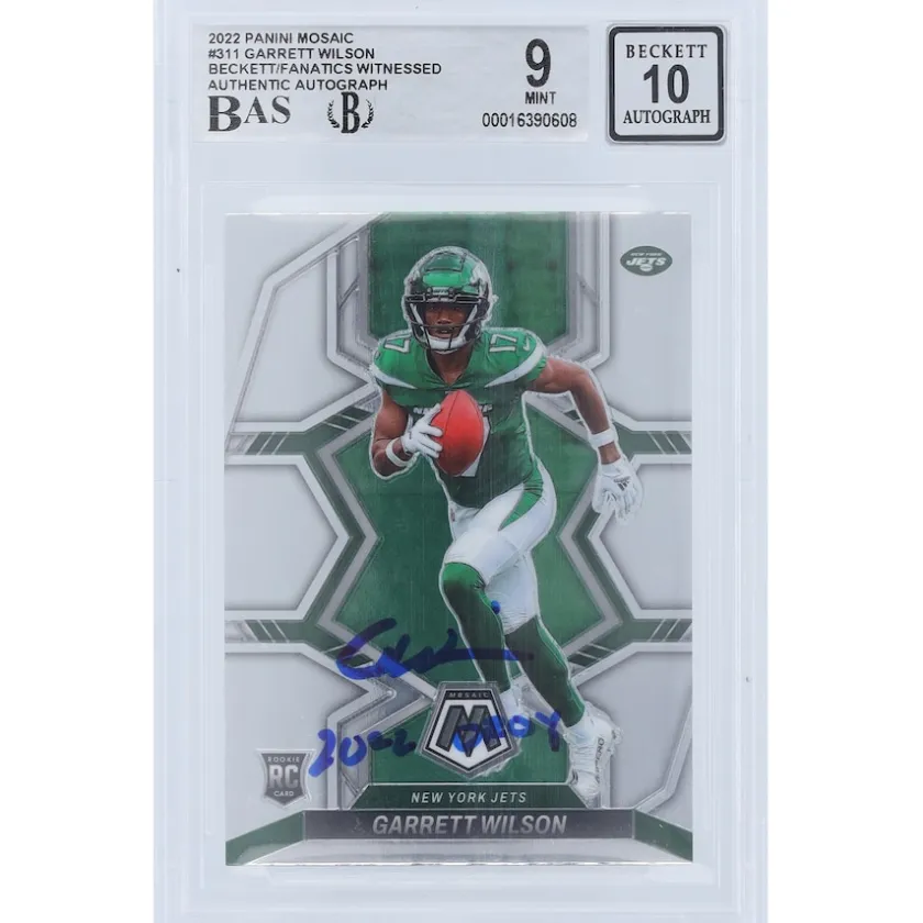 Trading Cards^New York Jets Garrett Wilson Autographed 2022 Panini Mosaic #311 Beckett Fanatics Witnessed Authenticated 9/10 Rookie Card With "2022 OROY" Inscription