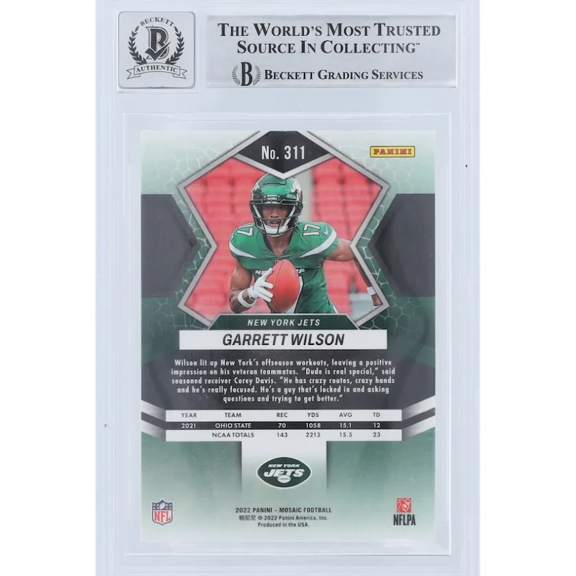 Trading Cards^New York Jets Garrett Wilson Autographed 2022 Panini Mosaic #311 Beckett Fanatics Witnessed Authenticated 9/10 Rookie Card With "2022 OROY" Inscription