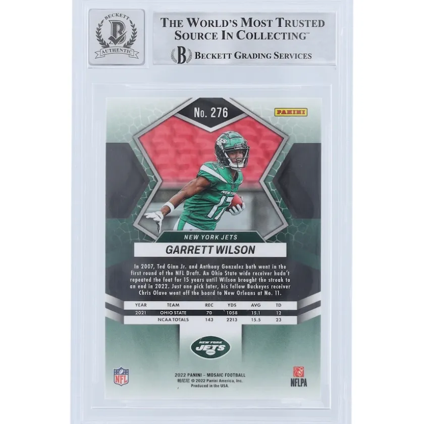 Trading Cards^New York Jets Garrett Wilson Autographed 2022 Panini Mosaic NFL Debut #276 Beckett Fanatics Witnessed Authenticated 9/10 Rookie Card