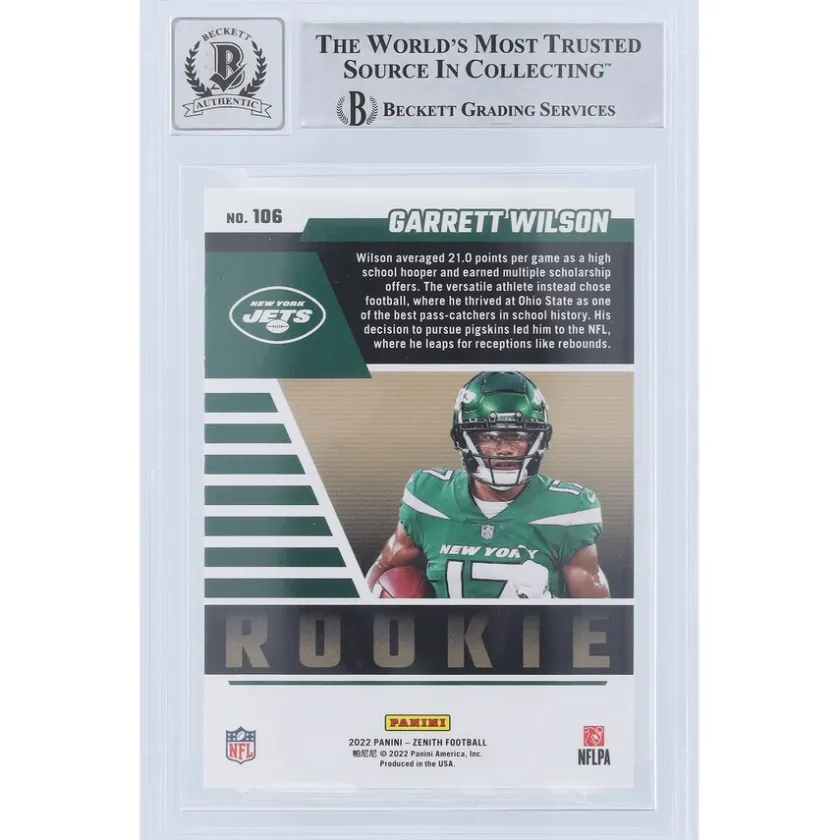 Trading Cards^New York Jets Garrett Wilson Autographed 2022 Panini Zenith Red Zone #106 Beckett Fanatics Witnessed Authenticated 9/10 Rookie Card With "2022 OROY" Inscription