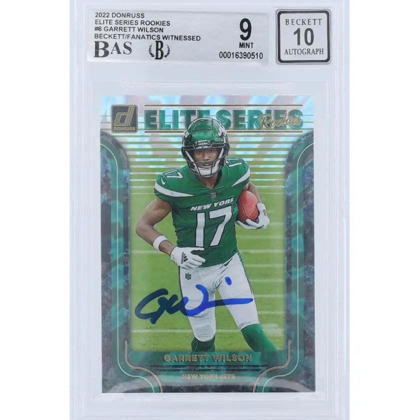 Trading Cards^New York Jets Garrett Wilson Autographed 2022 Panini Donruss Elite Series Rookies #ESR-6 Beckett Fanatics Witnessed Authenticated 9/10 Rookie Card