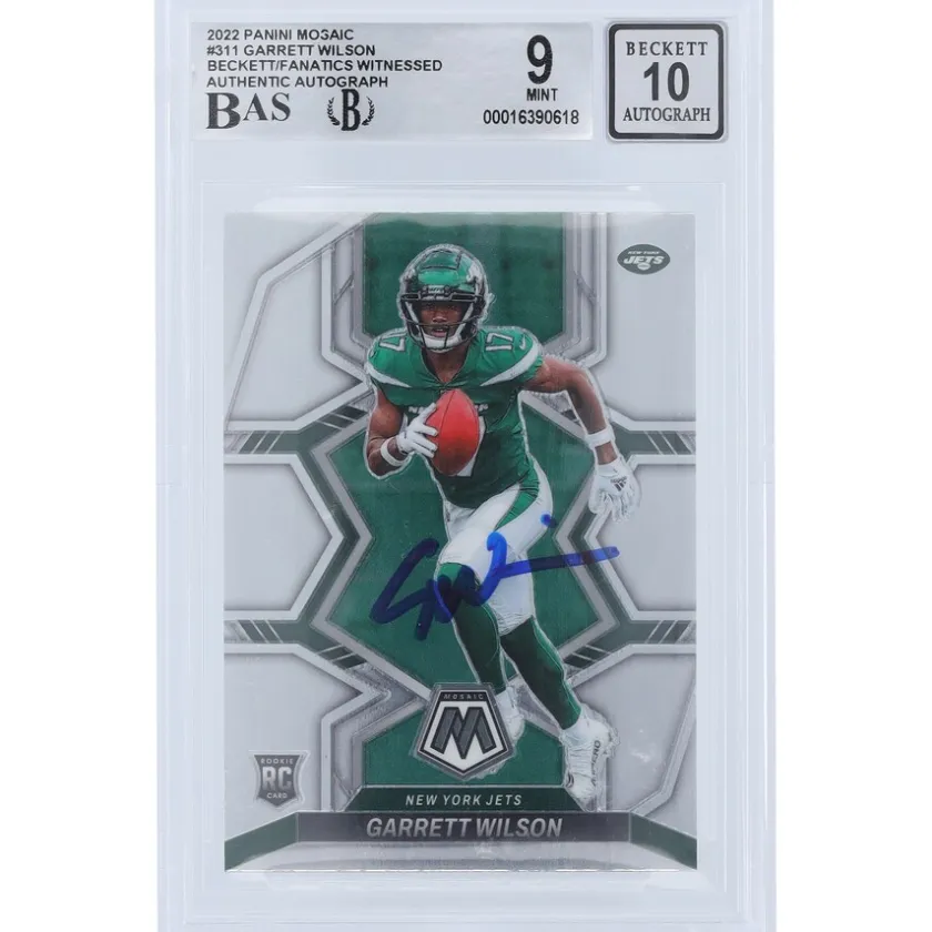 Trading Cards^New York Jets Garrett Wilson Autographed 2022 Panini Mosaic #311 Beckett Fanatics Witnessed Authenticated 9/10 Rookie Card