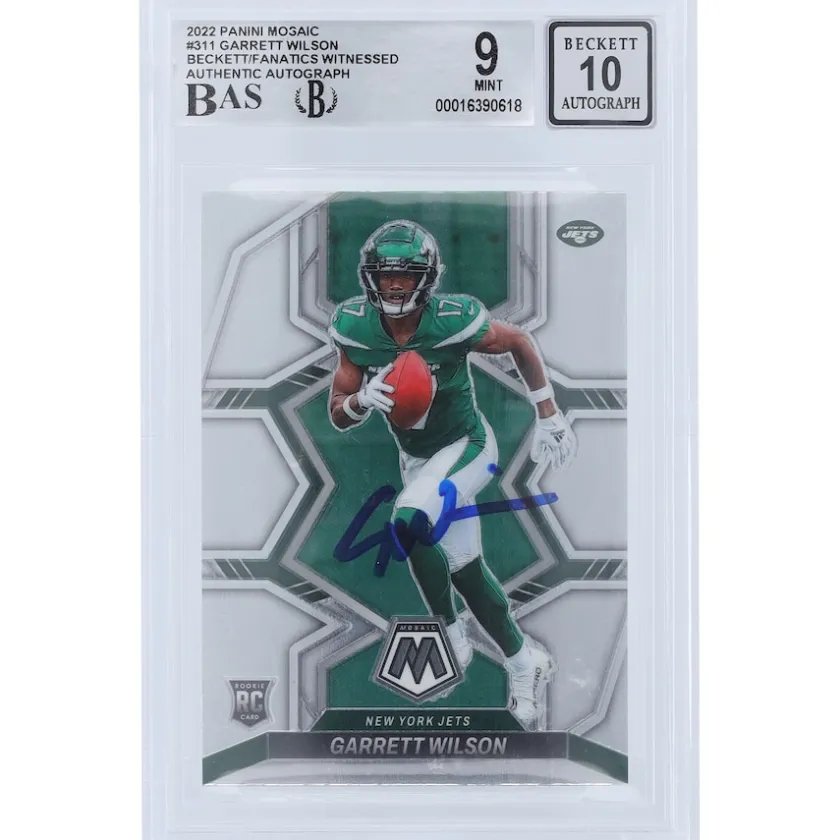 Trading Cards^New York Jets Garrett Wilson Autographed 2022 Panini Mosaic #311 Beckett Fanatics Witnessed Authenticated 9/10 Rookie Card