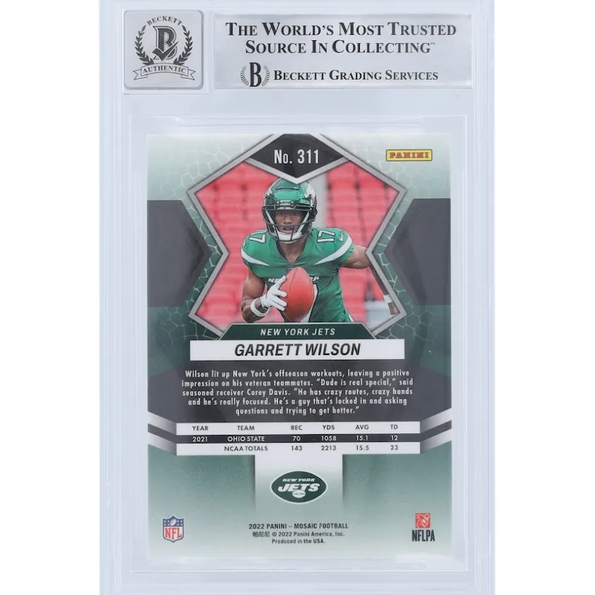 Trading Cards^New York Jets Garrett Wilson Autographed 2022 Panini Mosaic #311 Beckett Fanatics Witnessed Authenticated 9/10 Rookie Card