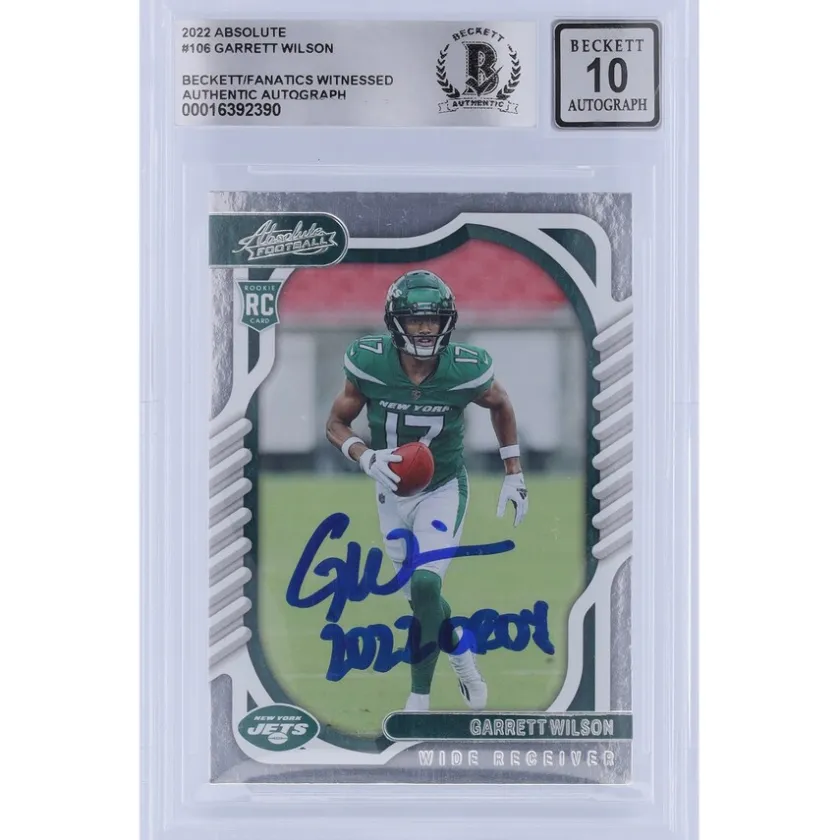 Trading Cards^New York Jets Garrett Wilson Autographed 2022 Panini Absolute #106 Beckett Fanatics Witnessed Authenticated 10 Rookie Card With "2022 OROY" Inscription