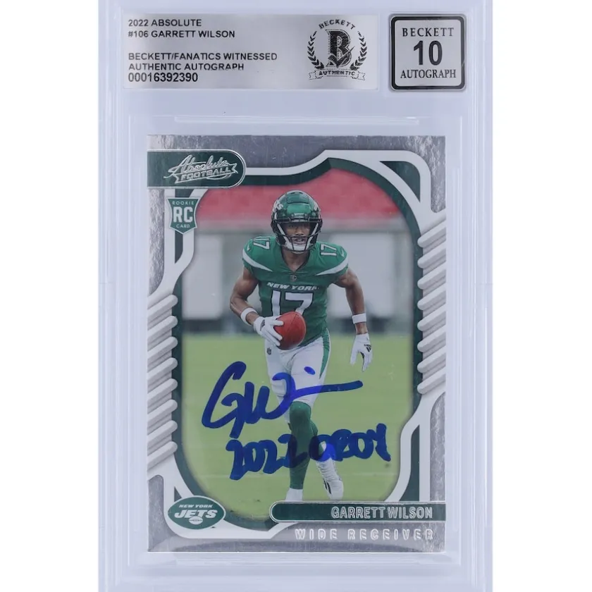 Trading Cards^New York Jets Garrett Wilson Autographed 2022 Panini Absolute #106 Beckett Fanatics Witnessed Authenticated 10 Rookie Card With "2022 OROY" Inscription