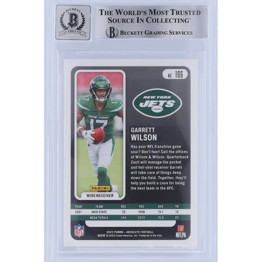 Trading Cards^New York Jets Garrett Wilson Autographed 2022 Panini Absolute #106 Beckett Fanatics Witnessed Authenticated 10 Rookie Card With "2022 OROY" Inscription