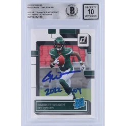 Trading Cards^New York Jets Garrett Wilson Autographed 2022 Panini Donruss Rated Rookie #306 Beckett Fanatics Witnessed Authenticated 10 Rookie Card With "2022 OROY" Inscription