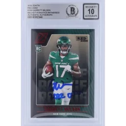 Trading Cards^New York Jets Garrett Wilson Autographed 2022 Panini Zenith Red Zone #106 Beckett Fanatics Witnessed Authenticated 10 Rookie Card With "2022 OROY" Inscription