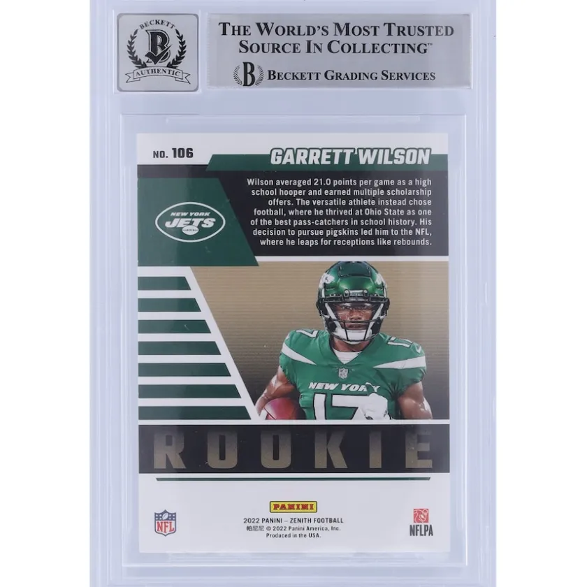 Trading Cards^New York Jets Garrett Wilson Autographed 2022 Panini Zenith Red Zone #106 Beckett Fanatics Witnessed Authenticated 10 Rookie Card With "2022 OROY" Inscription